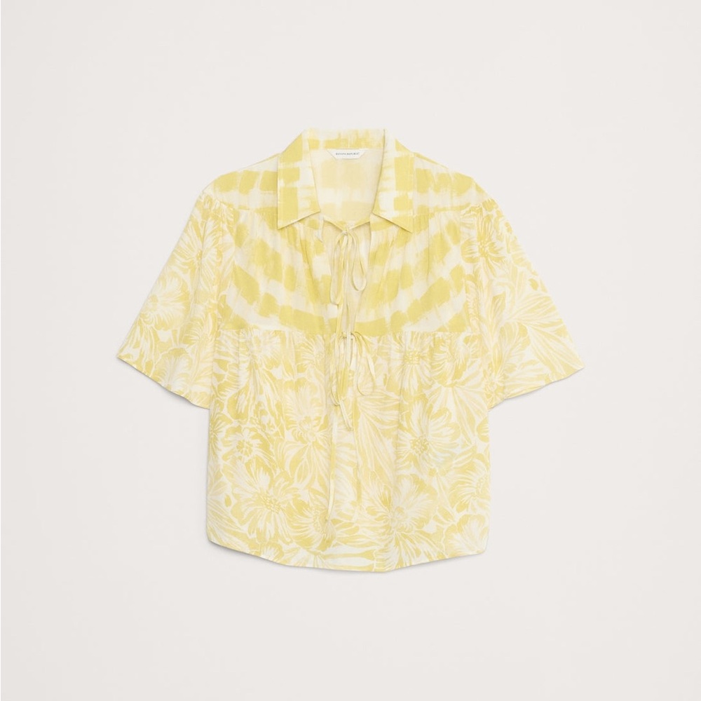 NWT Banana Republic Matte Yellow Floral Tie-Front Silk Blouse Top Women's XS